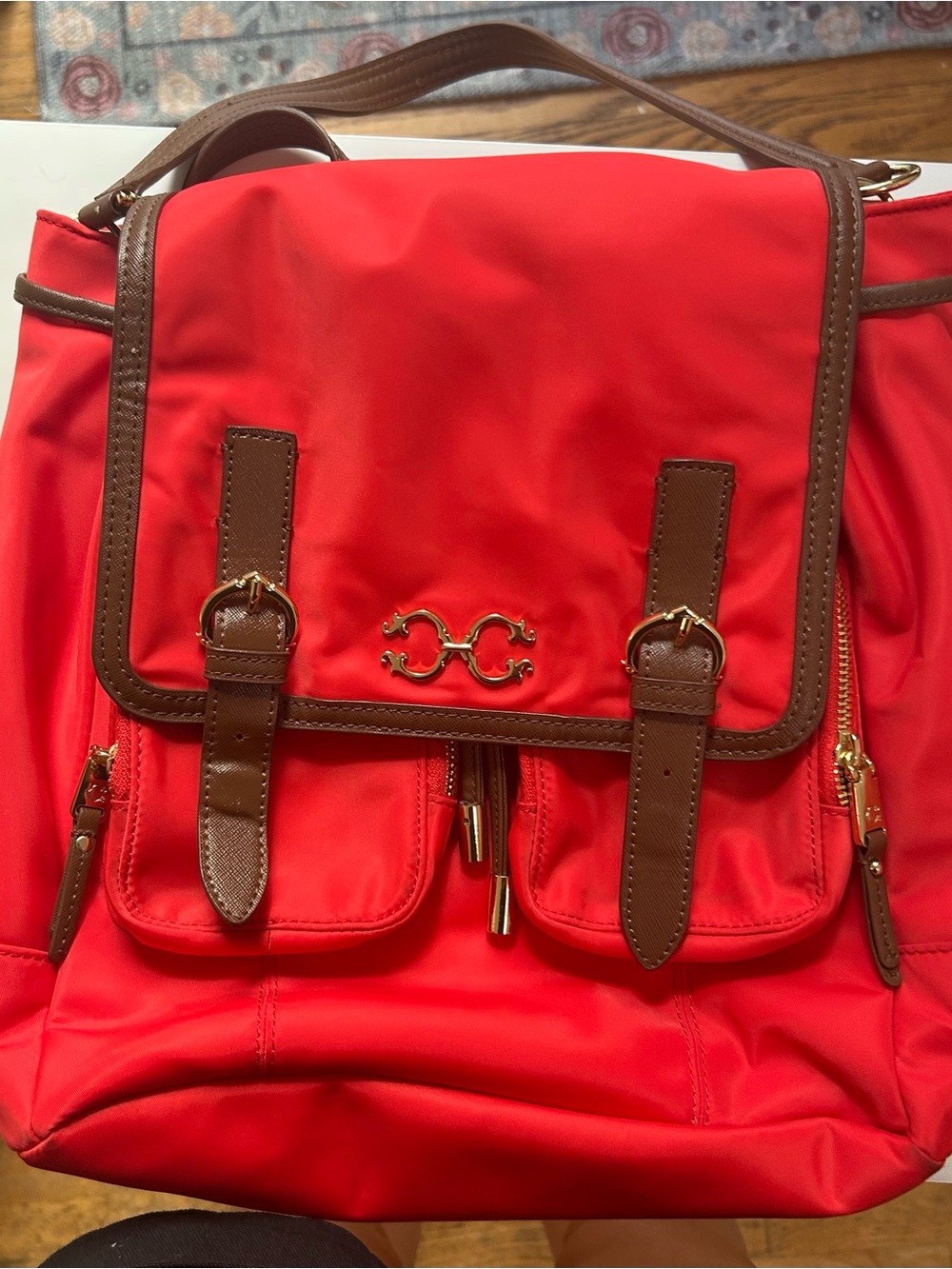 Red Backpack with Brown Trim and Gold Accent - Women's Casual Backpack